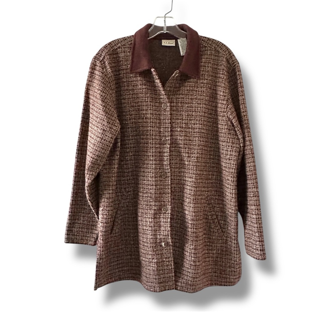 Vintage LL Bean Brown Tweed Button Up Jacket Fleece Collar Women’s Size Medium